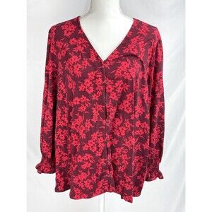 Lands’ End Shirt Women 1X 16W-18W Red Floral Button Long Sleeve Smocked Sleeve